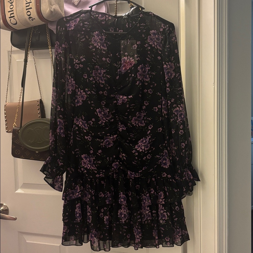 NWT Zara Floral Black and Purple Dress